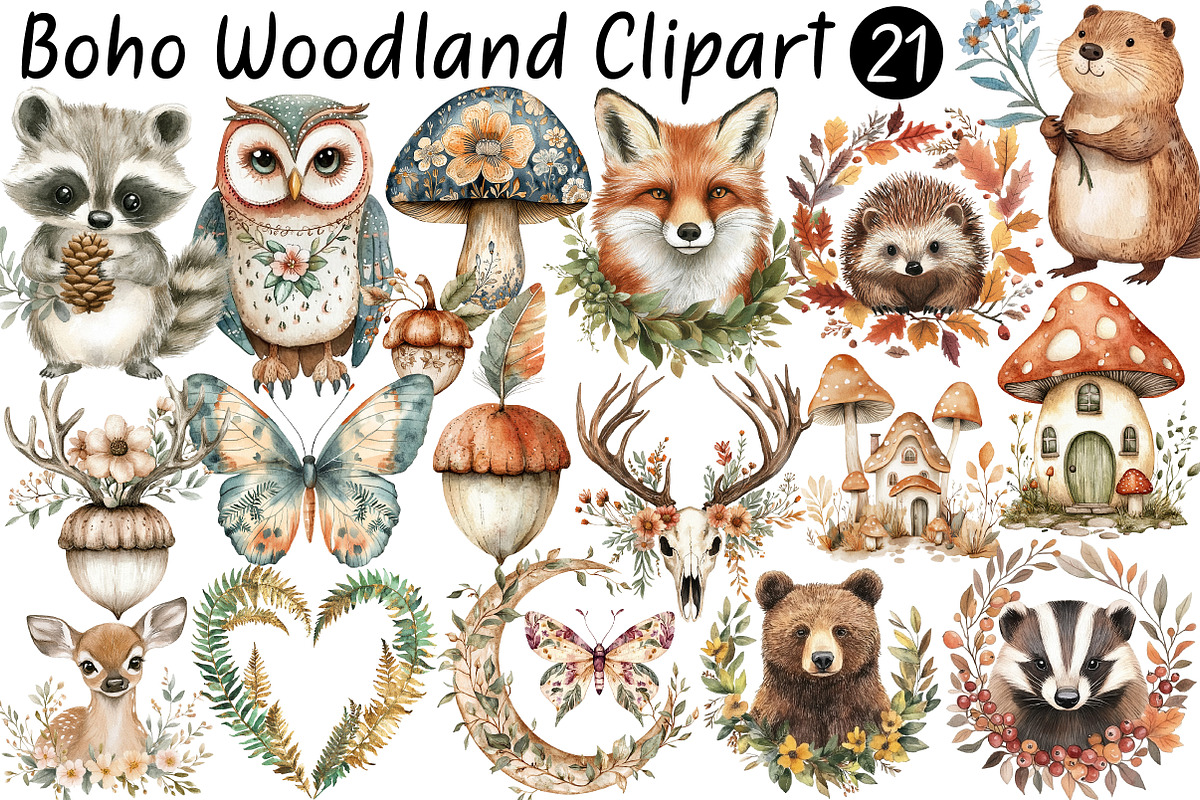 Watercolor Boho Woodland Clipart, a Seasonal Illustration by CitraGraphics (Photo 1 of 6)
