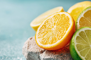 Fresh orange and lime halves on stone surface, a Food & Drink Photo by AlyaAnd