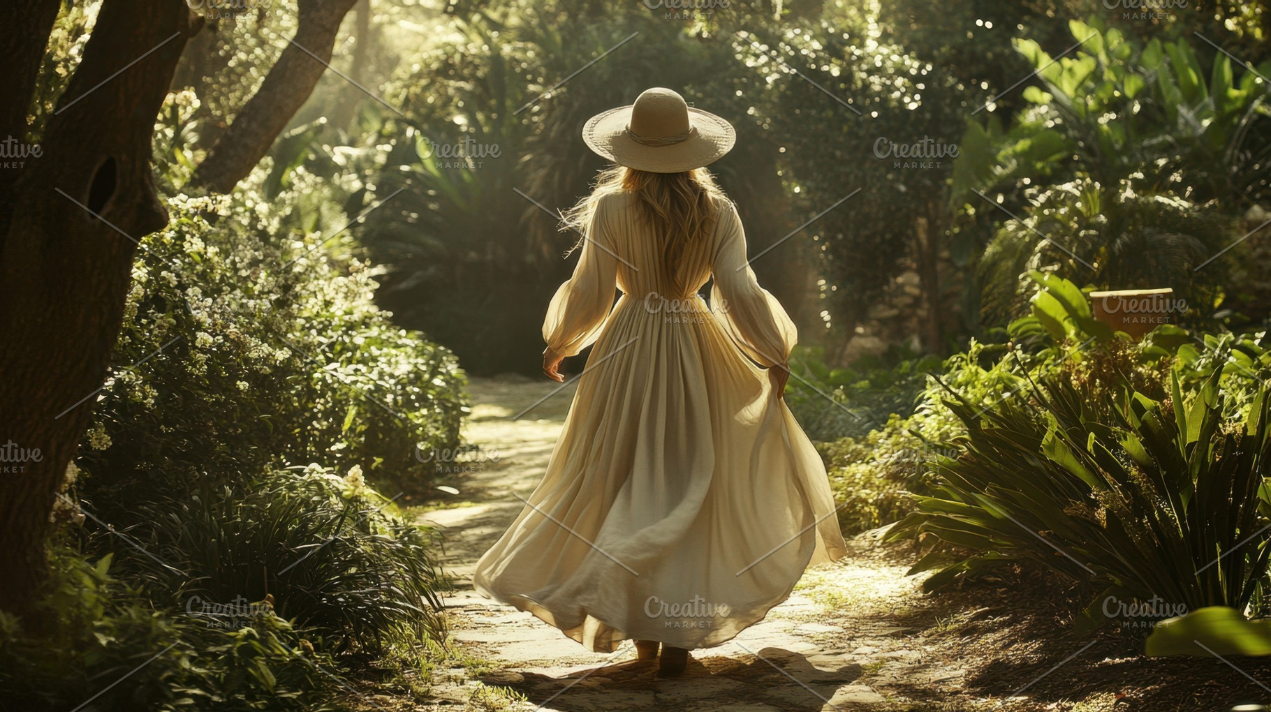 Woman walking in a sunlit garden, a Photo by Beautiful things
