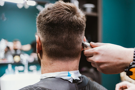 Men's haircut process, back view male head while barber cuts hai, a Person Photo by progressman