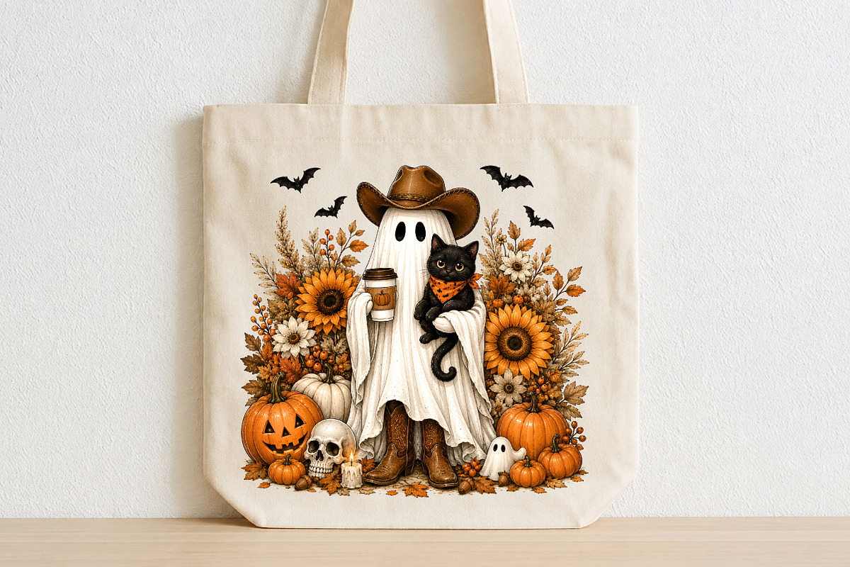 Halloween Cowboy Ghost Black Cat, a Seasonal Illustration by CraftArtStudio (Photo 2 of 4)