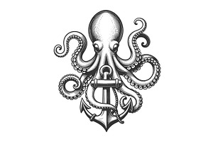 Octopus Wrapped Around Anchor, an Animal Illustration by AlexArt