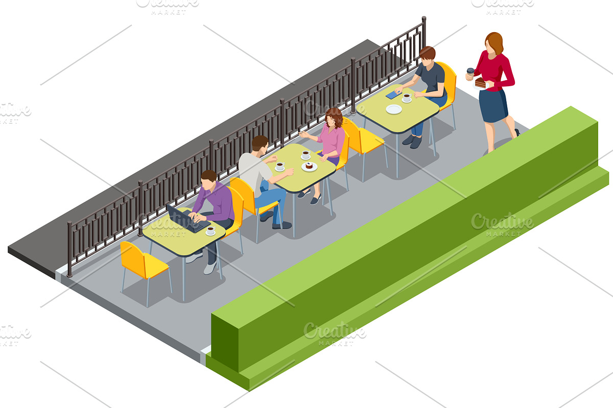Outdoor cafe with laptop and waiter, a Technology Illustration by Golden Sikorka