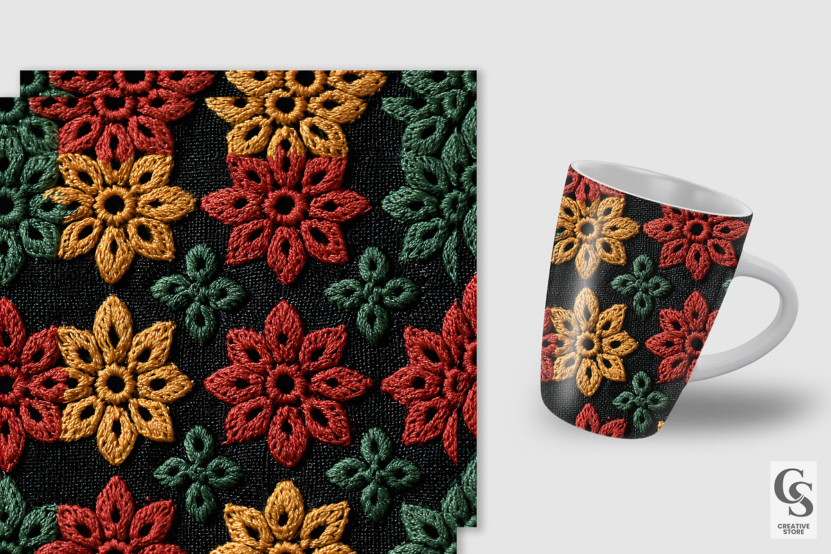 Red Green Yellow Floral Embroidery, a Pattern Graphic by Creative Store (Photo 2 of 4)