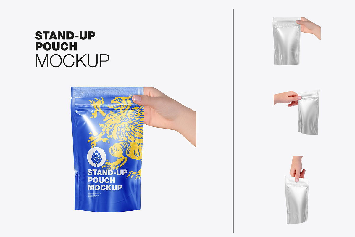 Glossy Stand-up Pouch with Hand Mock, a Product Mockup by OneVectorStock