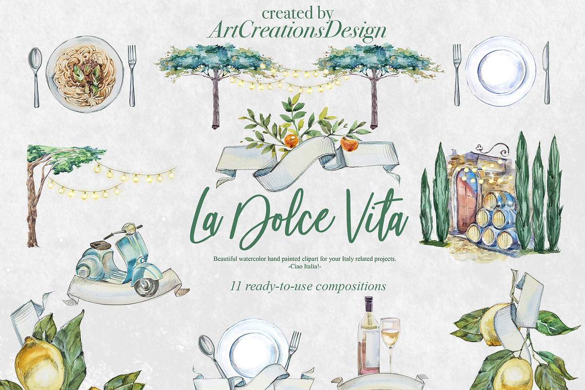 Watercolor La Dolce Vita Clipart, an Education Illustration by ArtCreationsDesign (Photo 8 of 12)