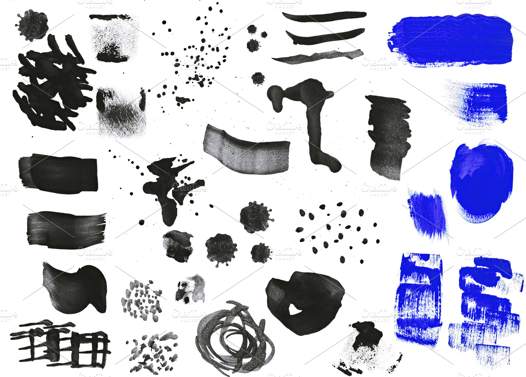 Large set of various black and blue brush strokes, textured stro, an Abstract Photo by ndanko