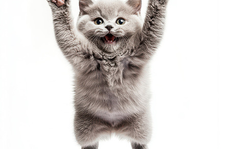 Playful Gray Kitten Jumps in Air Hap, an Animal Photo by Pixeness