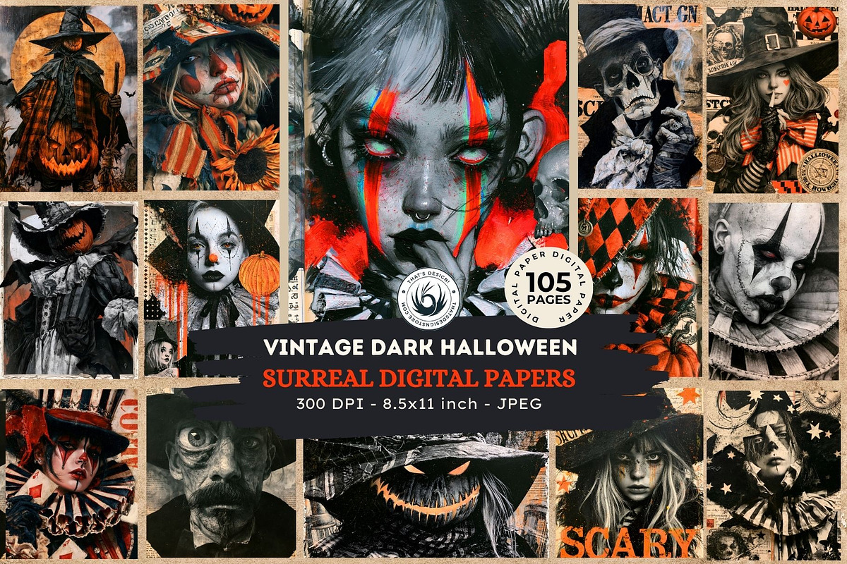 Vintage Dark Halloween Digital Paper, a Seasonal Illustration by ThatsDesignArt (Photo 1 of 16)