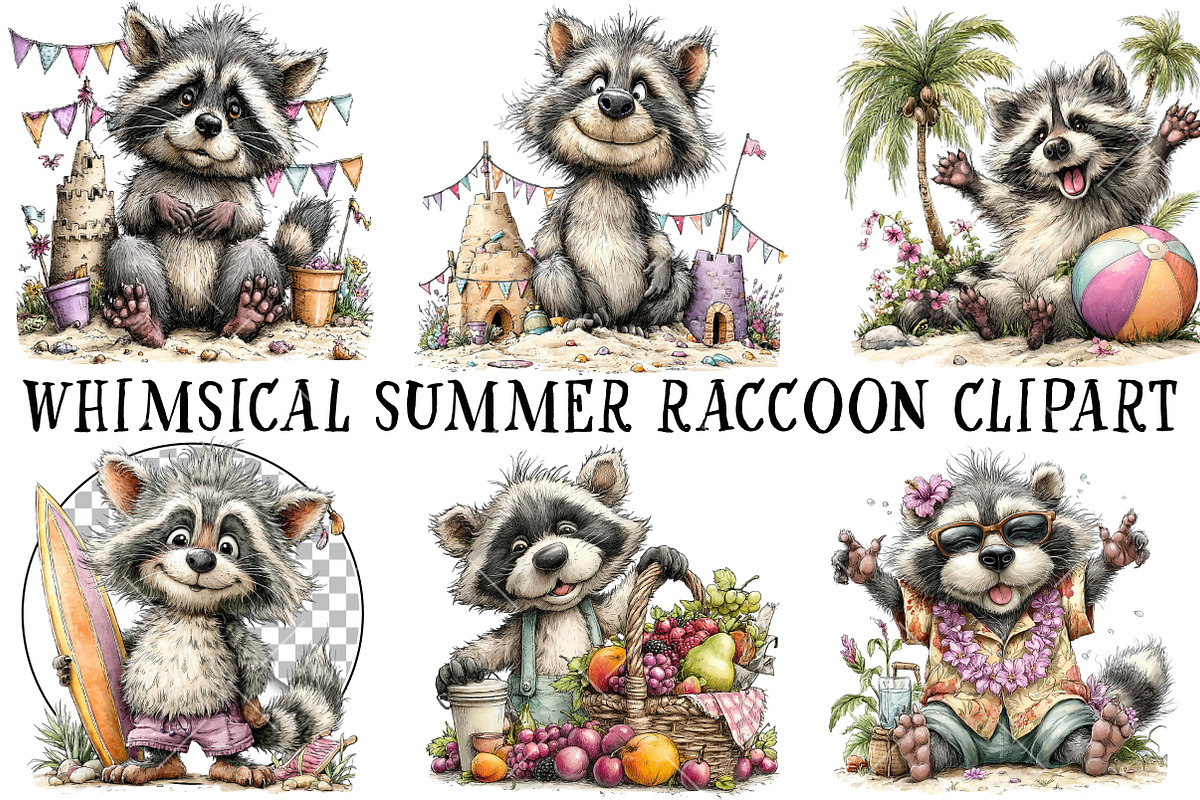 Whimsical Summer Raccoon Clipart, an Illustration by OK Design (Photo 2 of 6)