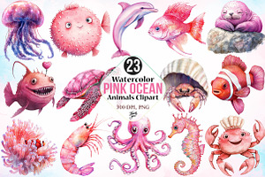 Watercolor Pink Ocean Animals Clipar, an Illustration by Canvas Craft