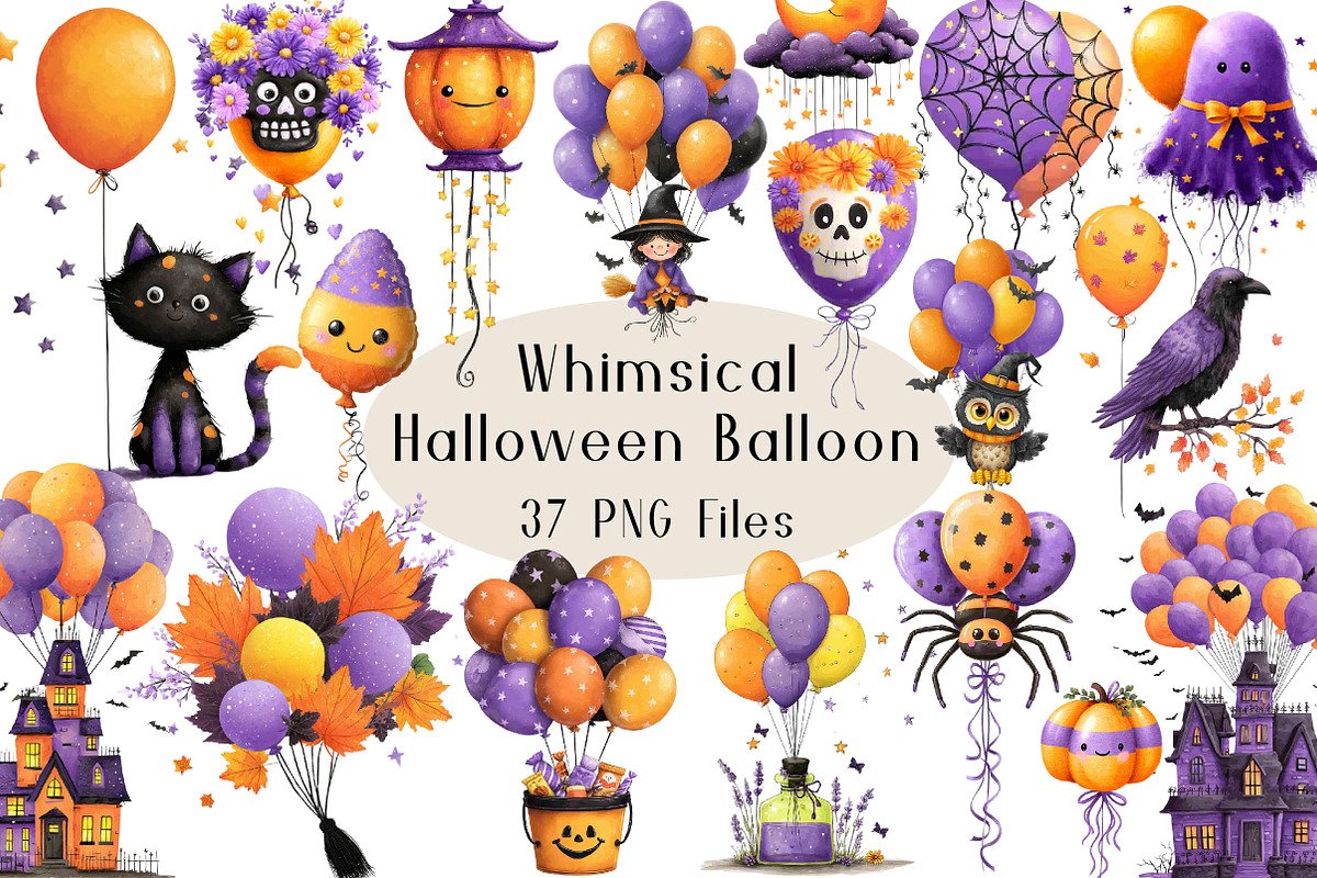 Whimsical Halloween Balloon Clipart, a Seasonal Illustration by Creative Art (Photo 1 of 7)