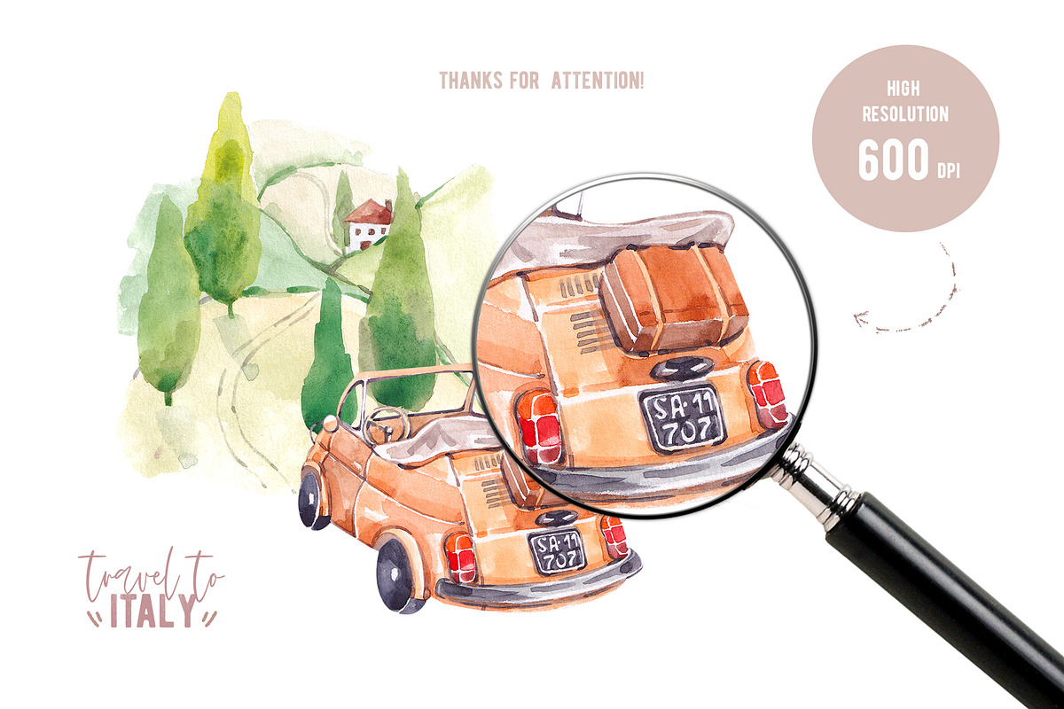 Travel to Italy. Watercolor Clipart, an Illustration by VerAna (Photo 11 of 11)