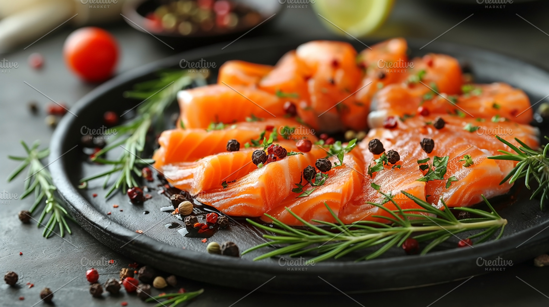 Freshly sliced salmon garnished with herbs and spices on a black, a Food & Drink Photo by ImageMir
