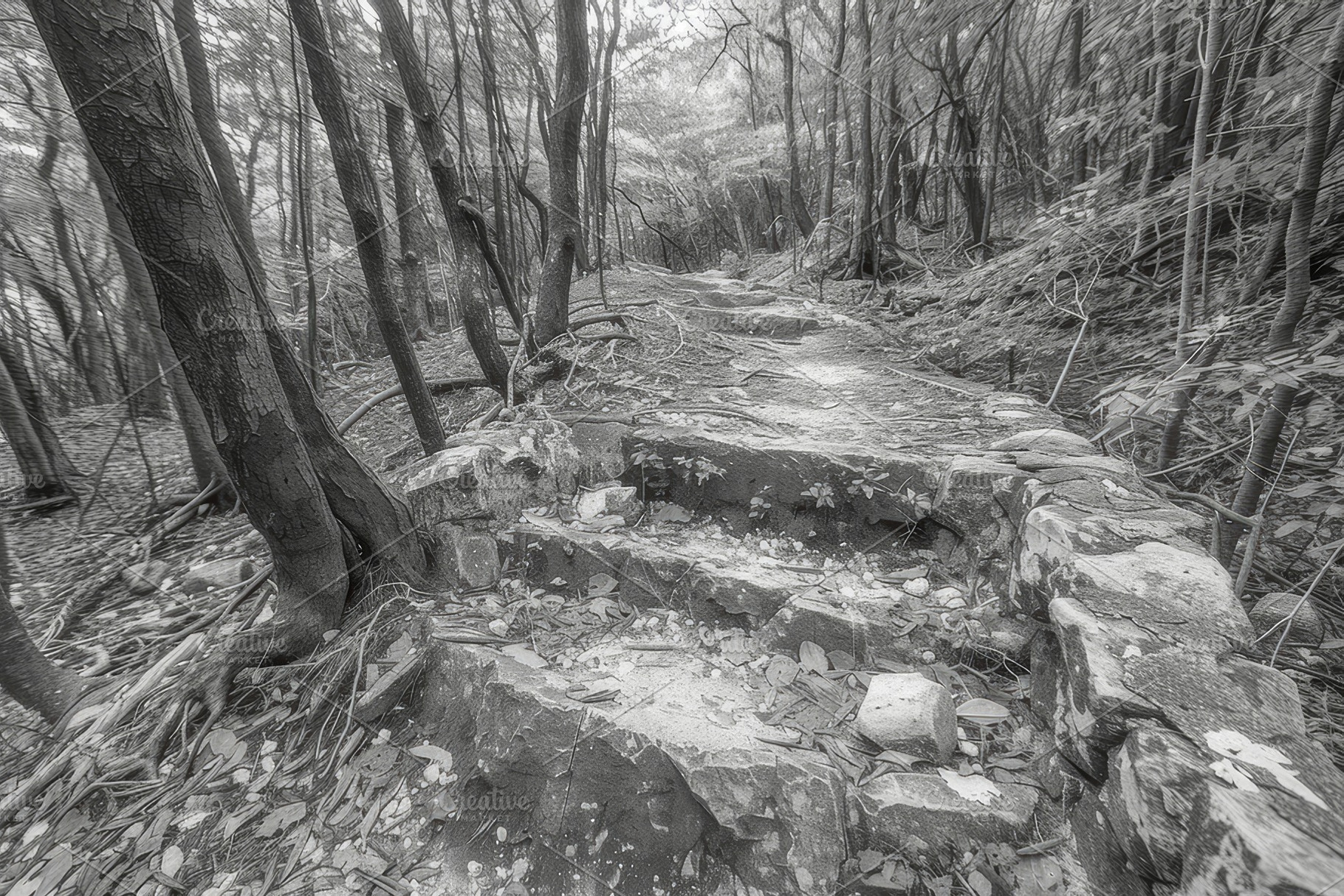 Mysterious Monochrome Trail Through The Dense Woods, Atmospheric Forest Path wi, a Photo by AS photostudio