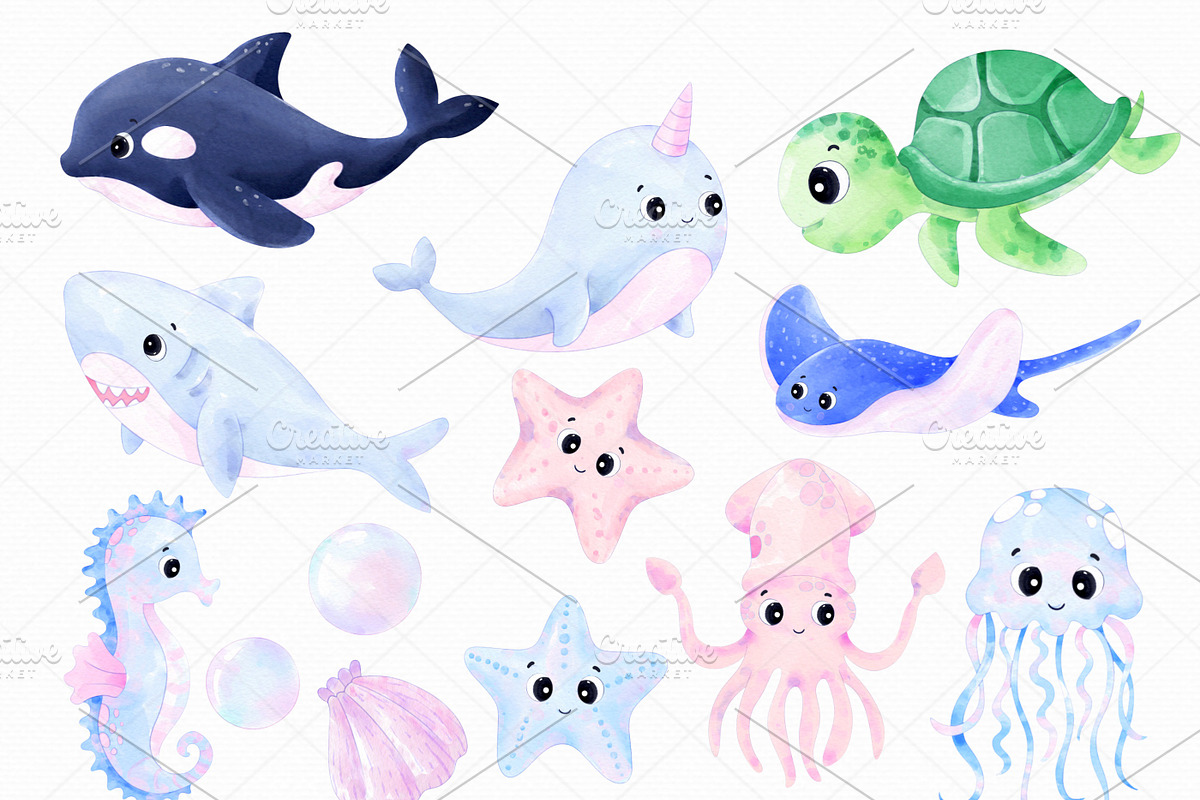 Watercolor Under Sea Animals Clipart, an Animal Illustration by MiracleArtAndDesign (Photo 3 of 8)