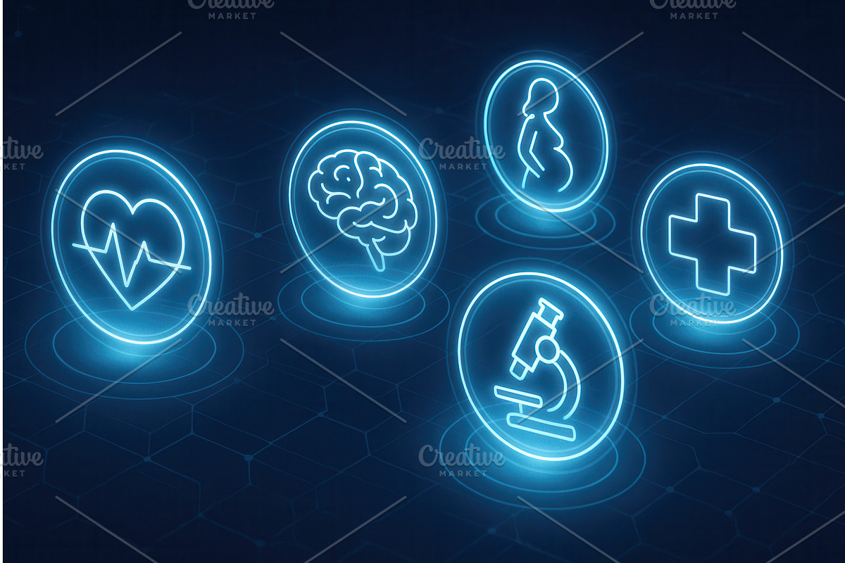 Neon icons depicting a heart monitor, an Object Illustration by Sergey Kotenev