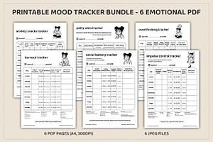 6 Printable Mood Tracker Bundle, a Stationery Template by MuzaArtStudio