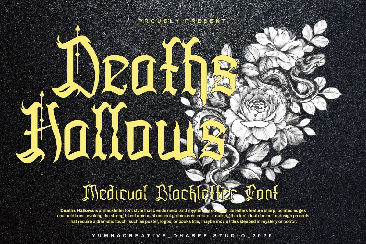 Deaths Hallows- Medieval Blackletter, a Blackletter Font by Dhabee (Photo 1 of 17)