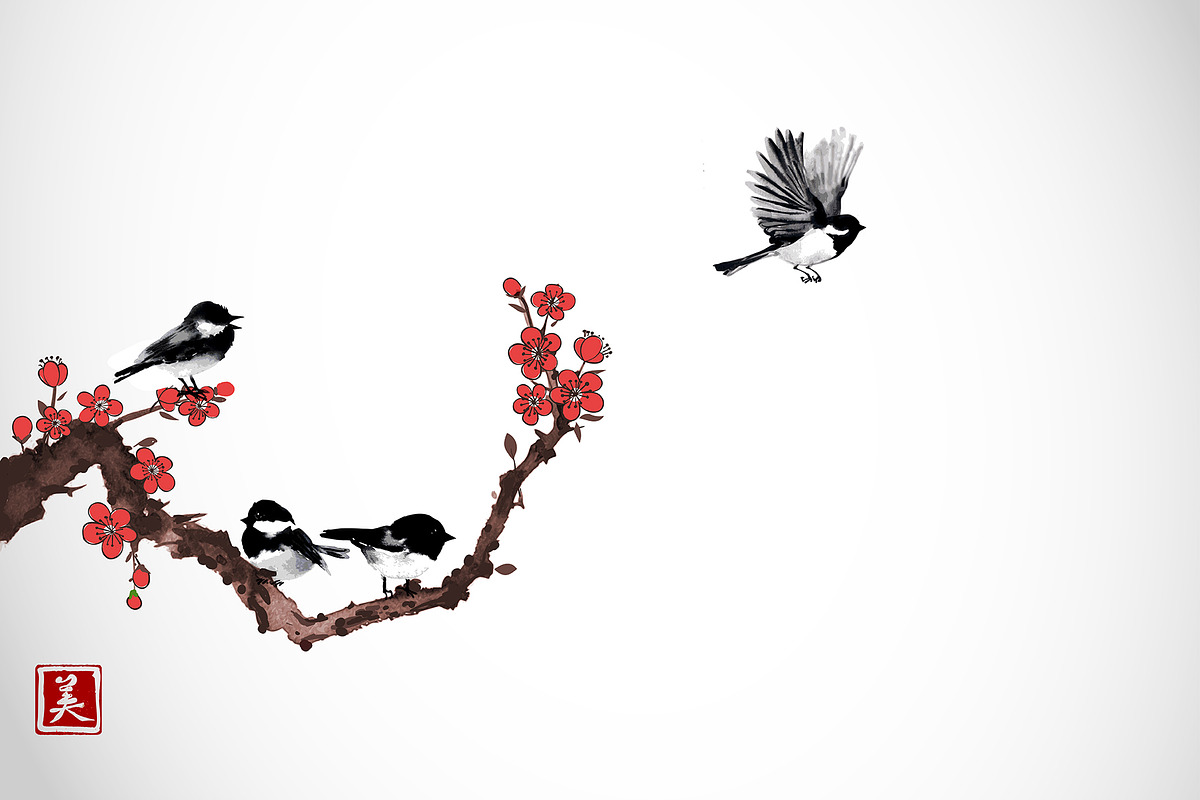 Japanese ink painting sumi-e. Birds., an Animal Illustration by Elina_Li (Photo 6 of 25)