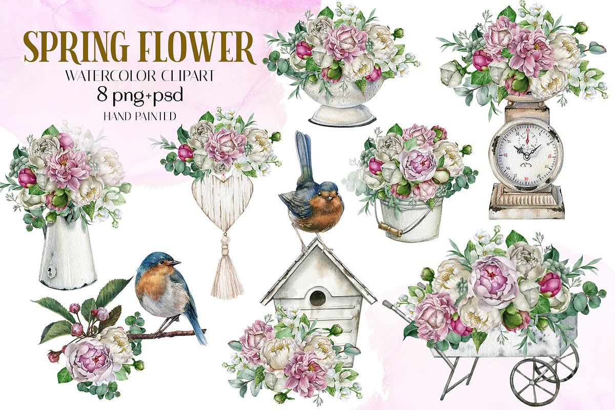 White peonies flower bouquet clipart, an Object Illustration by yana.fefelova (Photo 1 of 5)