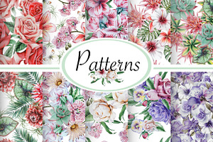 Watercolor Patterns With Flowers.