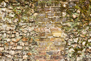 Old garden wall combining flint stones and bricks, covered in moss and lichen,, a Photo by Studio ANNA