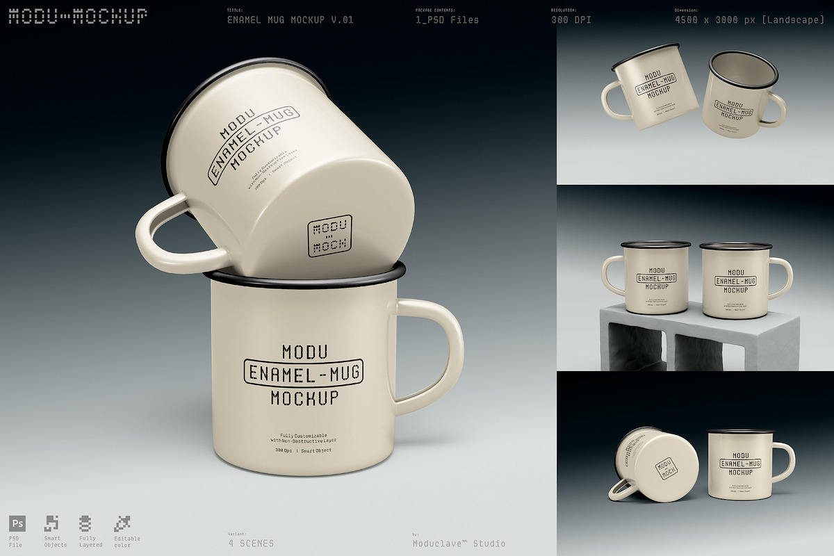 4 Scenes - Enamel Mug Mockup Kit V01, a Merchandise Mockup by Moduclave Studio (Photo 1 of 7)