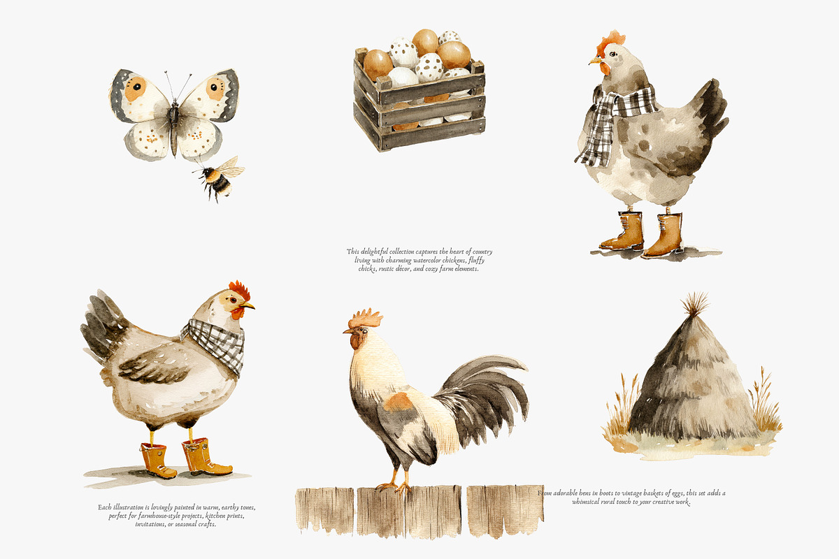 watercolor rustic hens barnyard bird, an Illustration by Patishop Art (Photo 2 of 8)