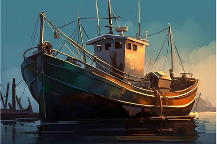 Fishing boat at sunset. Generate Ai, a Transportation Photo by Ylivdesign