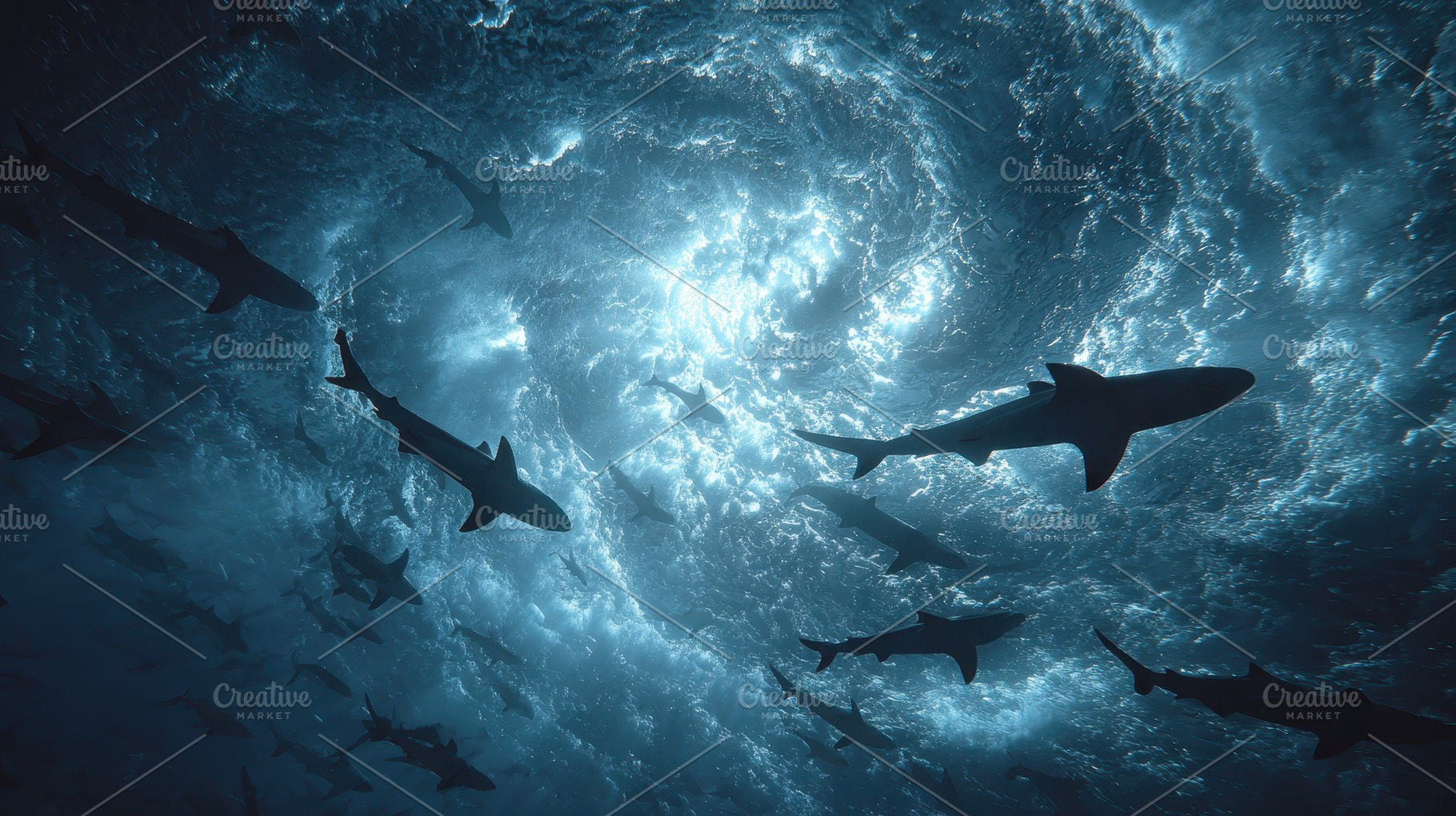 Shark silhouettes underwater swirlin, an Abstract Photo by Pixeness Studio