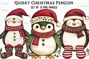 Quirky Christmas Penguin Clipart, an Illustration by Craft Nest