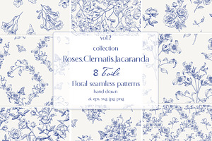 Vintage Seamless Patterns Toile Blue