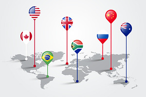 World Map With State Flag Pointer