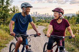 Front view of smiling multiracial senior couple riding bicycles, a Sports & Recreation Photo by Volff