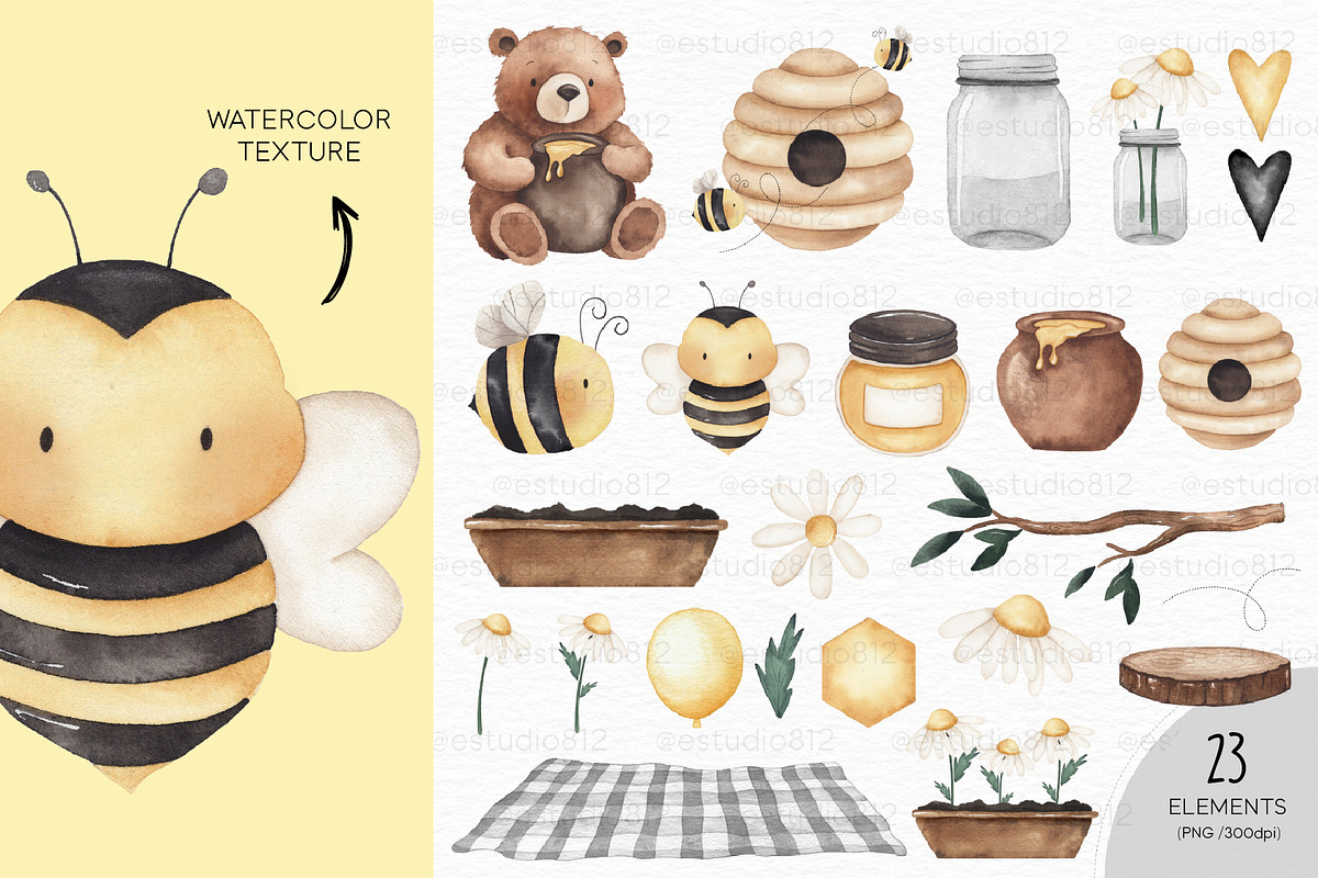 Bear and Bees watercolor clipart, an Animal Illustration by Estudio 812 (Photo 3 of 7)
