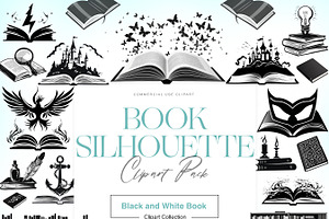 Book Silhouette Clipart, Open Book