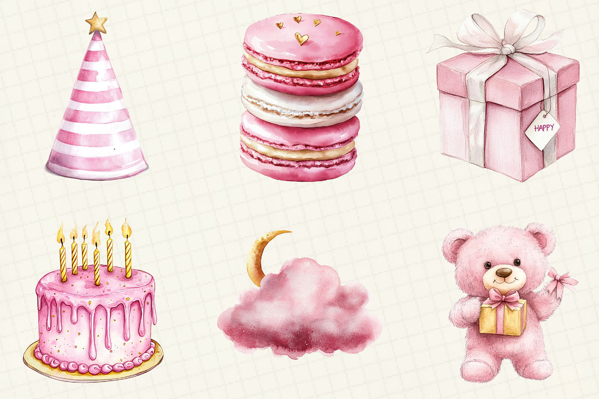 Watercolor Pink Kids Birthday Clipar, an Illustration by OK Design (Photo 5 of 5)