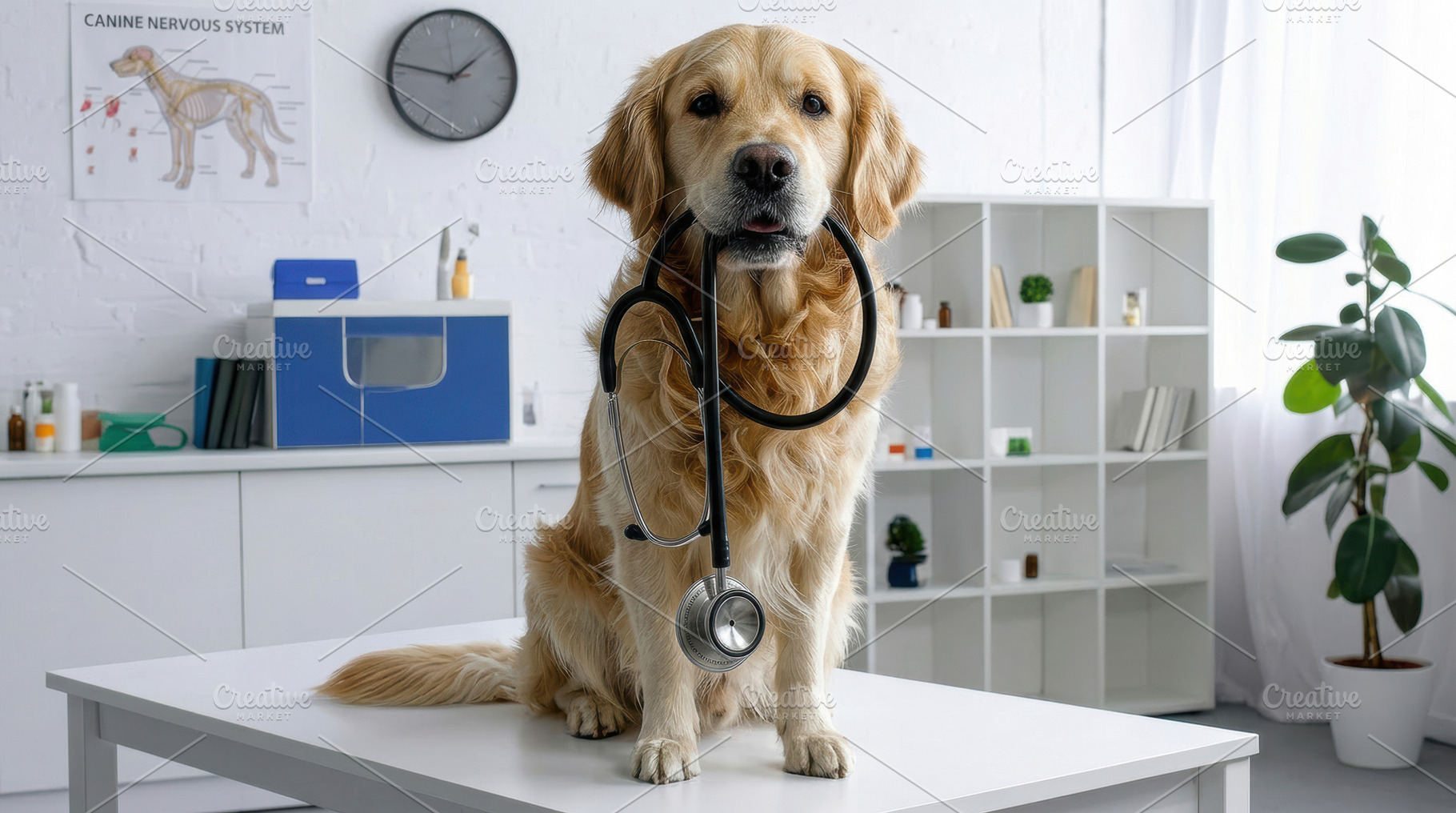 Golden Retriever with stethoscope in vet clinic, an Animal Photo by Davizro's Market