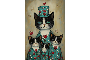 Tuxedo Cat Family Teal Heart Art, an Animal Illustration by Art Paradise Studios