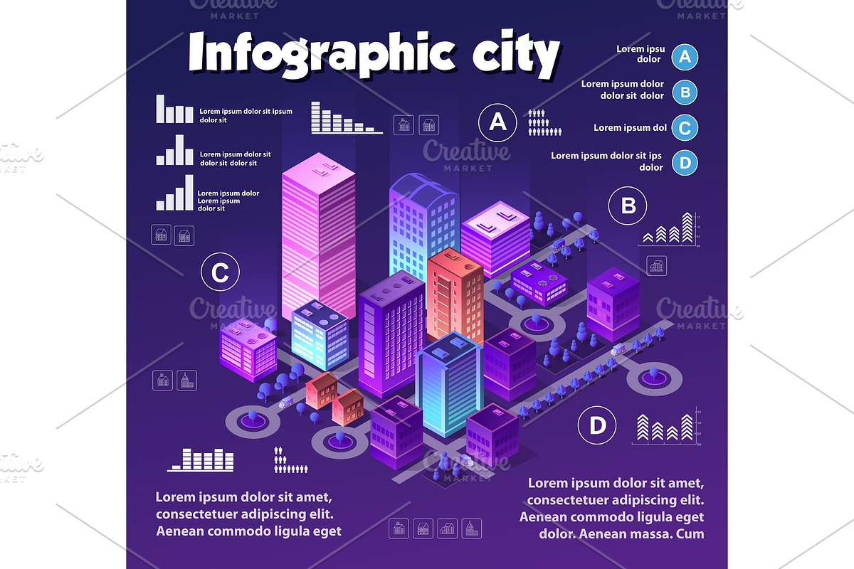 Isometric neon city infographics of, an Object Illustration by AlexZeL (Photo 2 of 4)