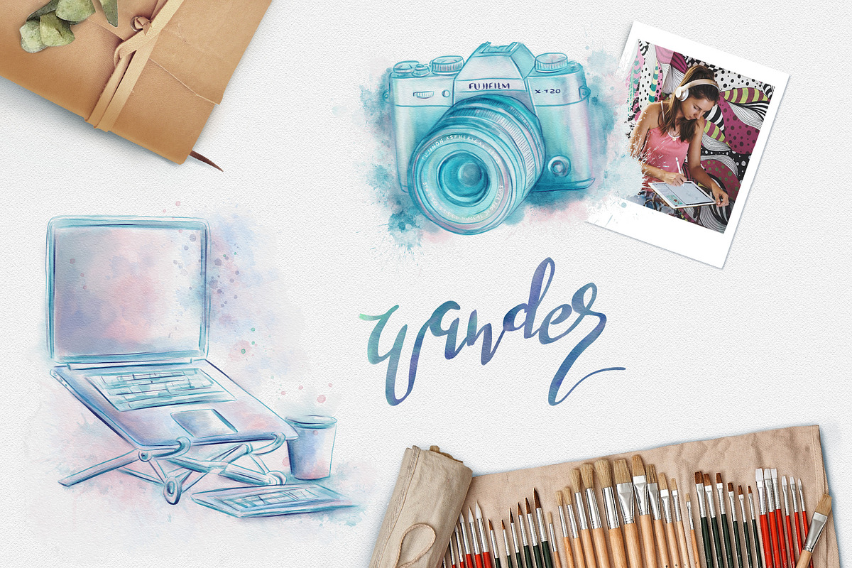 Digital nomad girl, watercolor set, a Technology Illustration by Kate Snitser (Photo 2 of 6)