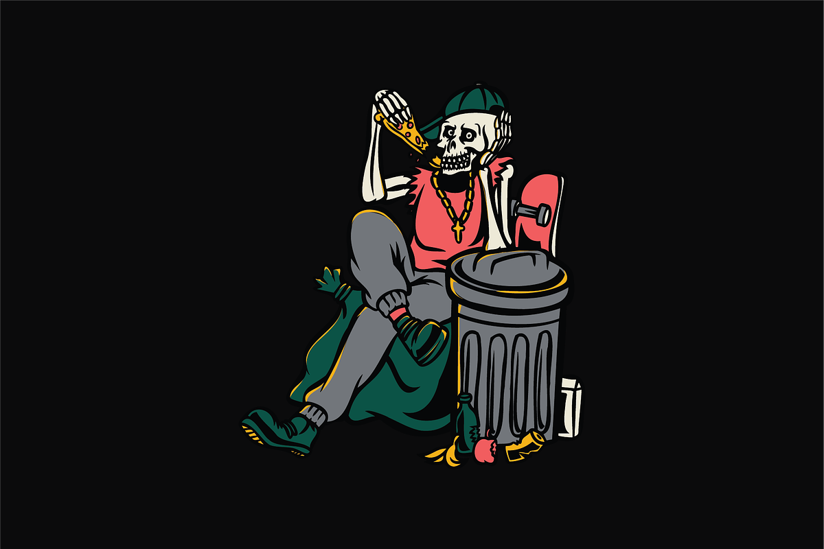 Skeleton Eating Pizza by Trash, an Object Illustration by nomlimo.com (Photo 1 of 3)