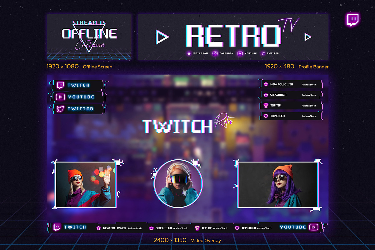 Retro Gaming Twitch Kit, a Social Media Template by Andrew Skoch Design