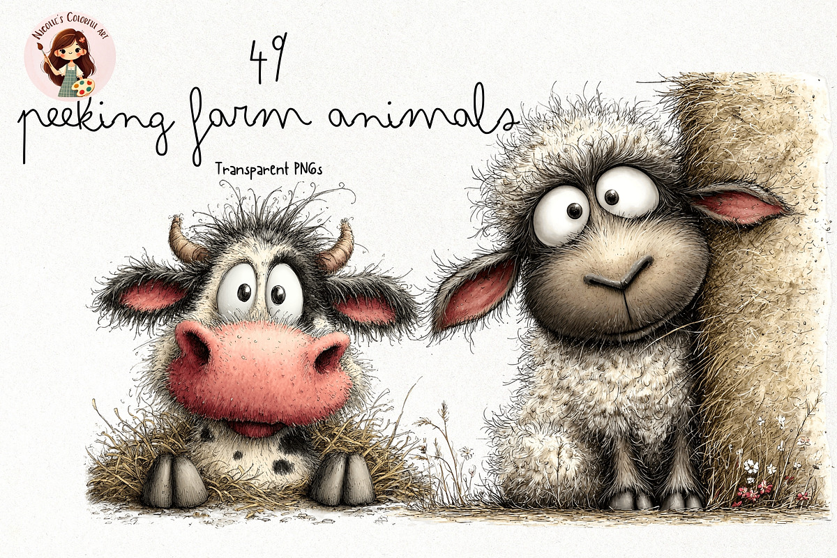 Peeking Farm Animals Watercolor PNG, an Animal Illustration by Nicolle's Colorful Art (Photo 1 of 3)