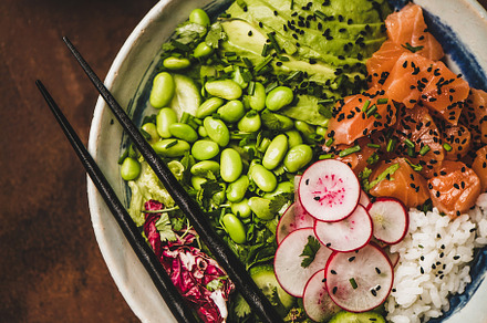 Hawaiian salmon poke bowl with containing food, healthy, and trendy, a Food & Drink Photo by Foxys