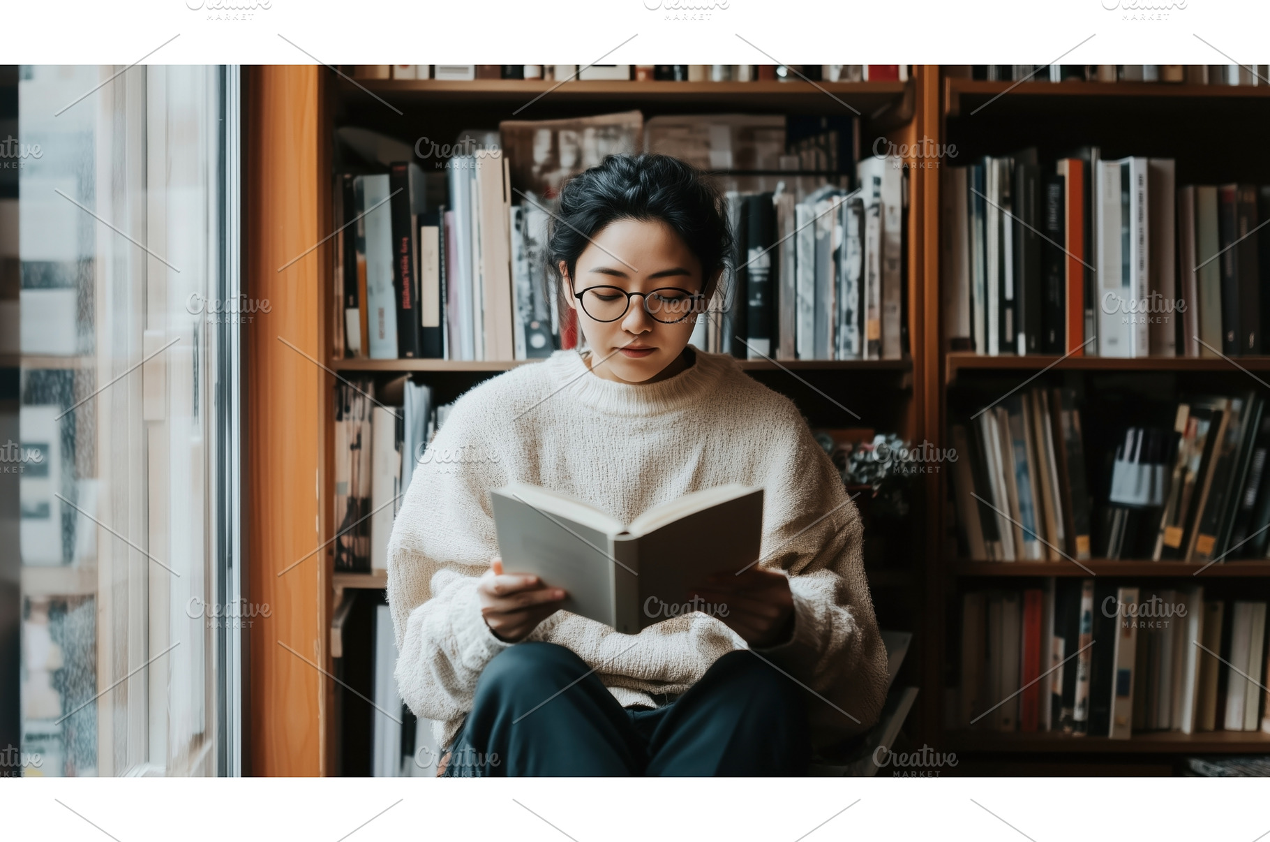 Asian woman reading a book in a, a School & Education Photo by Sergey Kotenev