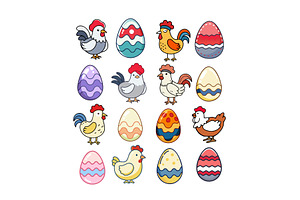 Cartoon easter eggs and chickens