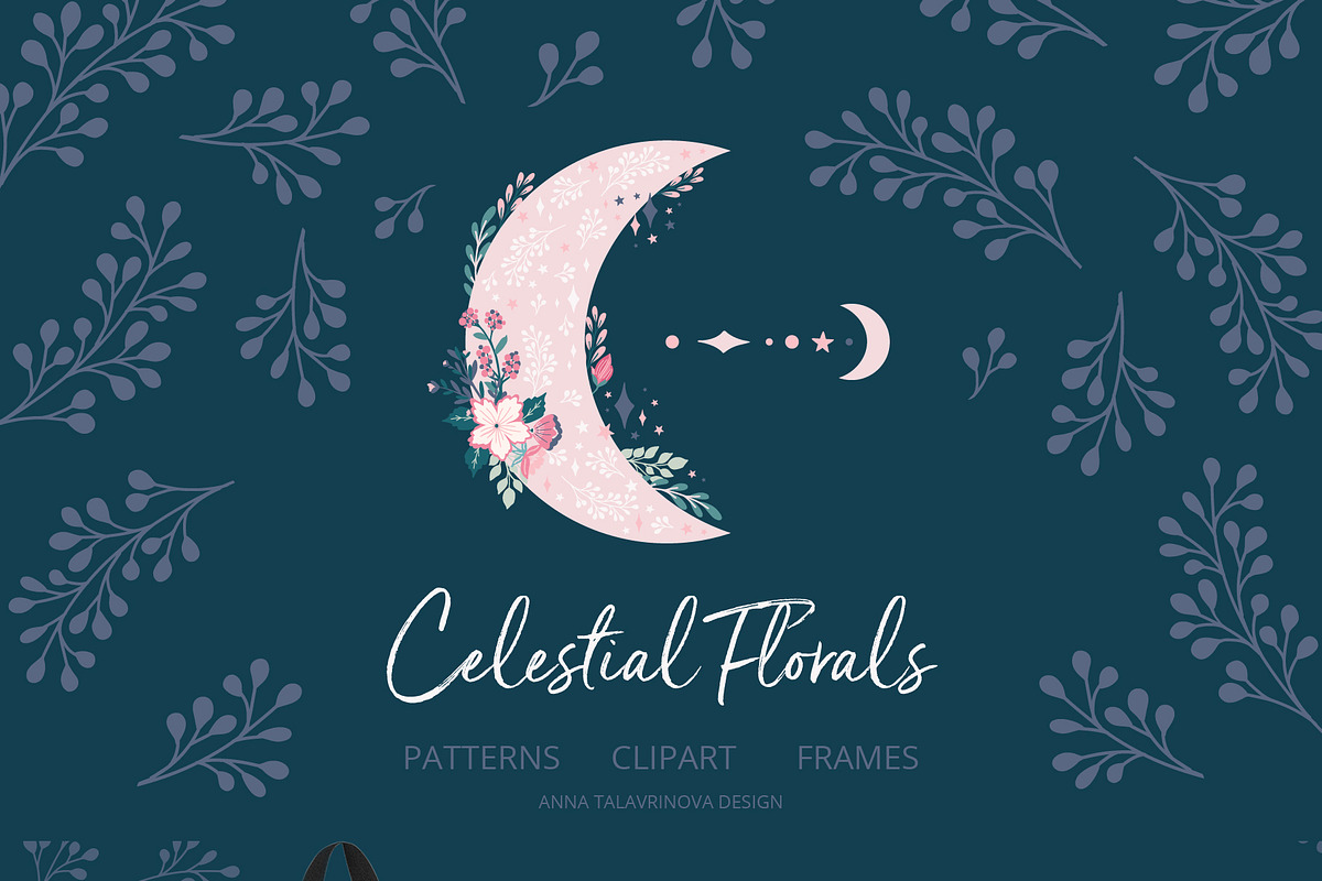 Celestial Florals Pattern & Clipart, an Illustration by Cozy pattern shop (Photo 1 of 10)