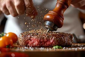 Chef seasoning delicious grilled ste, a Food & Drink Photo by Pixeness Studio
